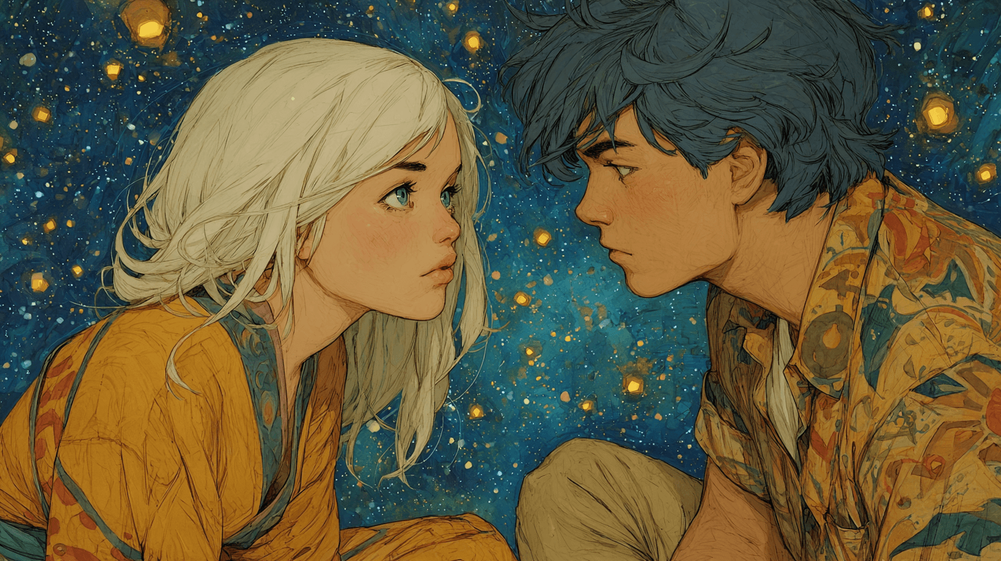 Landy and Kaimana facing one another in a field of deep blue starlight and warm golden lights