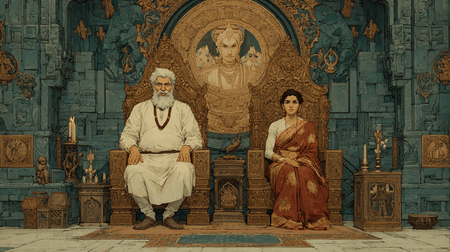 Two guardians seated in a carved sanctuary beneath a luminous spiritual figure