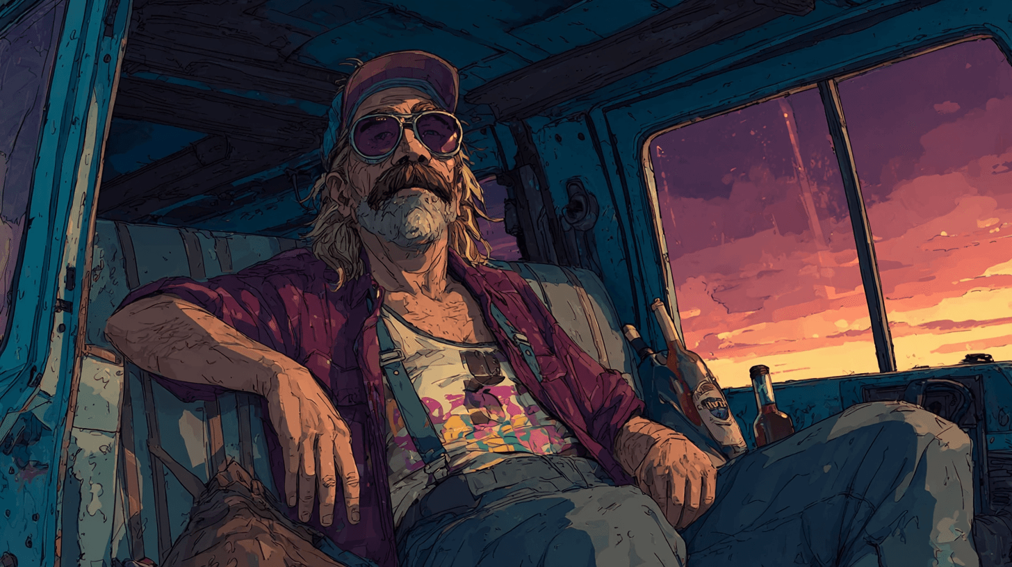 A long-haired builder in sunglasses and work clothes riding in a blue work van at sunrise