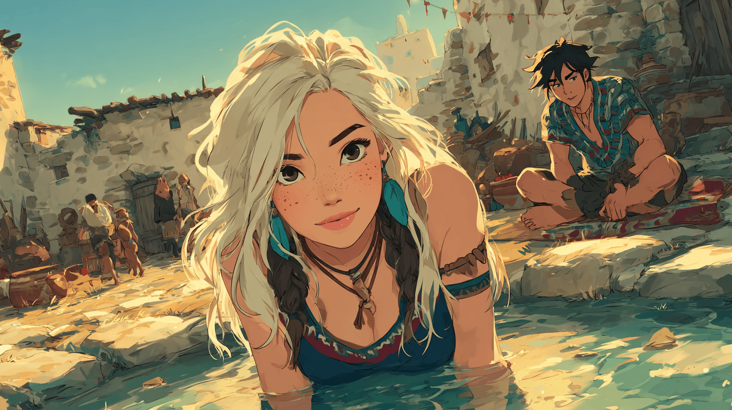 A young woman in healing water on sunlit ancestral land, with her companion and community nearby