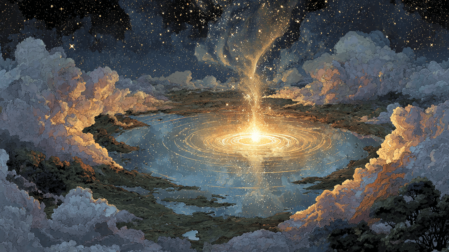 Golden light descending into a still pool beneath a star-filled sky and luminous clouds