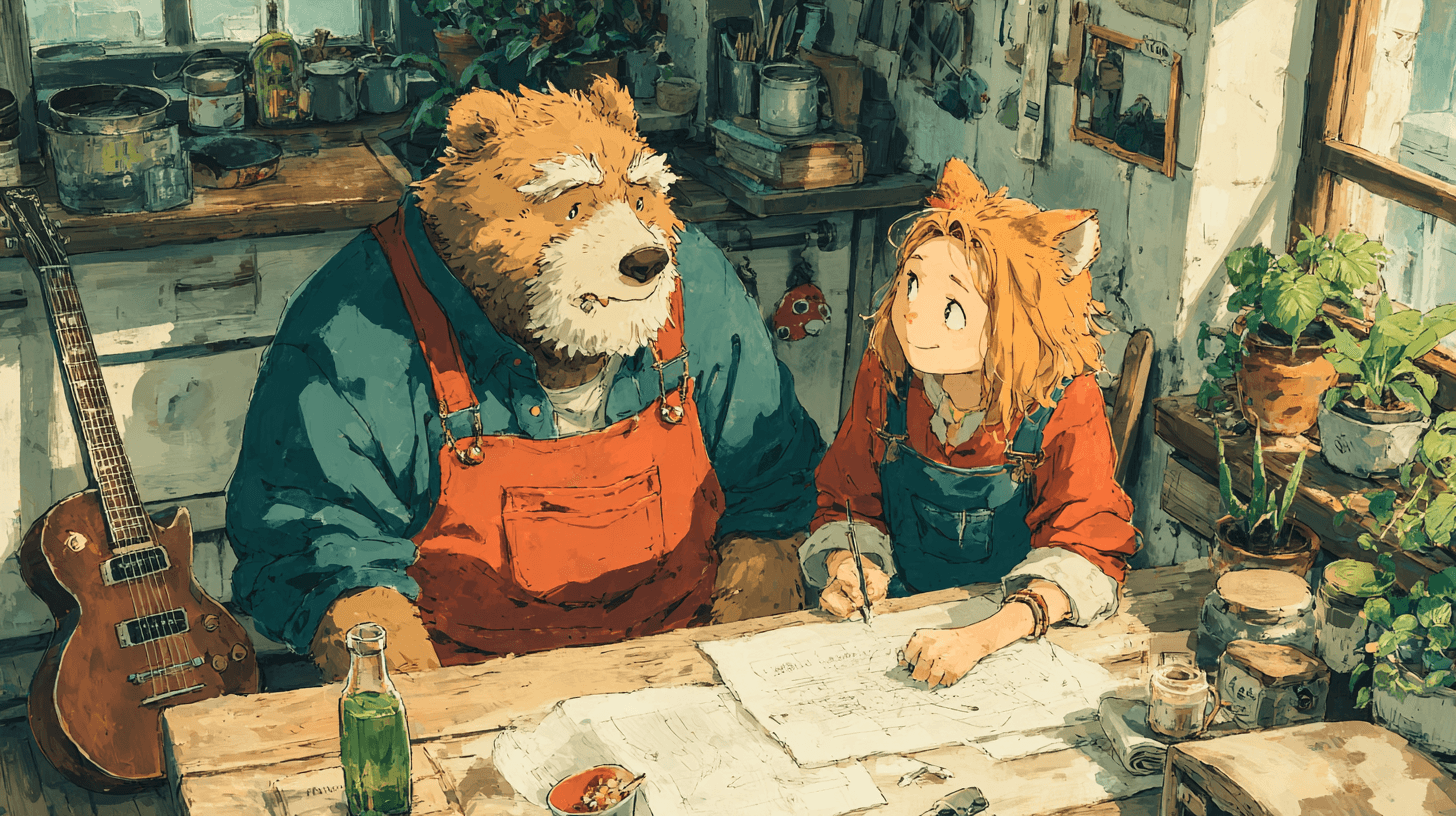 Bear-like and fox-like Architects at a sunlit worktable with blueprints, plants, and a guitar